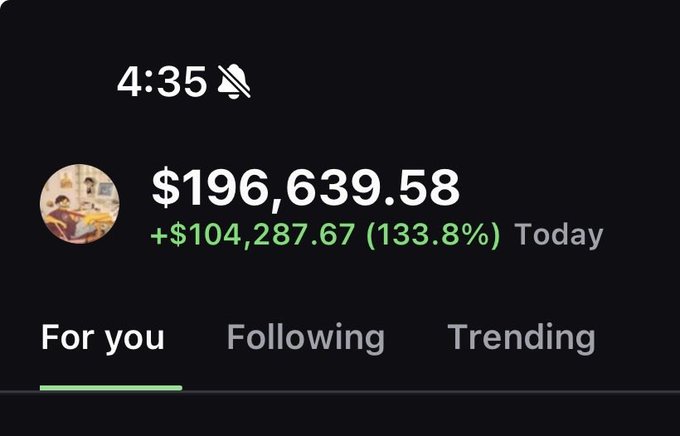 A mobile app screen showing a portfolio value of $196,639.58 with a gain of +$104,287.67 (133.8%) Today, displayed above navigation tabs for 'For you', 'Following', and 'Trending'.