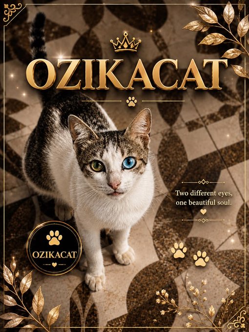 A promotional image titled 'OZIKACAT' featuring a cat with two different colored eyes, captioned 'Two different eyes, one beautiful soul.'