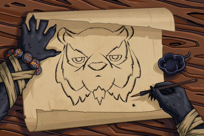 A cartoon-style illustration shows dark, clawed hands drawing an angry owl face on parchment paper with a brush, accompanied by an inkwell on a wooden surface.