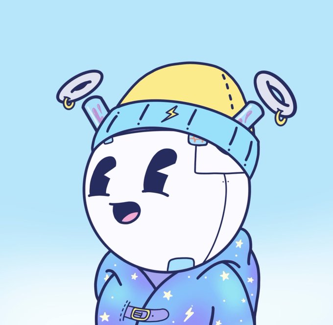 A cheerful white cartoon character wearing a yellow and blue hat with halo rings and a starry blue jacket.