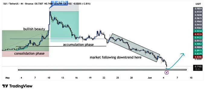 The image is a technical graph, showing different points of interest related to a stock market scenario involving stocks called "SUI". The chart demonstrates the progress of a stock's price movements over time during various trading stages. The main focus is on the SUI chart and an accompanying caption discussing its current situation in relation to other stock trends.