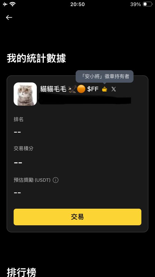 A smartphone screenshot displays a user's statistics page (我的統計數據) on a cryptocurrency platform, showing the username "貓貓毛毛" with emojis and a badge labeled "「安小將」徽章持有者" (An Xiaojian Badge Holder), though all data values show as unavailable. This visually demonstrates the post's point—the user has obtained the An Xiaojian badge but hasn't received any notification of the result, supporting the complaint about the lack of follow-up communication after applying for the badge.