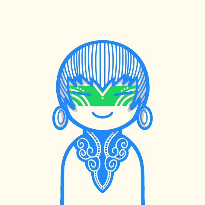 A stylized blue line drawing of a smiling character with short hair wearing a green visor/blindfold, featuring decorative swirl patterns on their chest and large ear piercings.