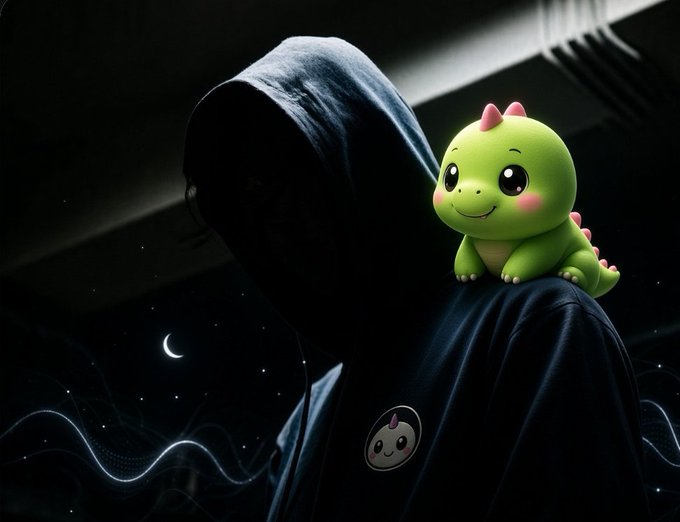 A dark digital illustration of a hooded figure with a small green dinosaur-like creature on their shoulder, a cute face emblem on the cloak, and a crescent moon with wavy light patterns in the background.