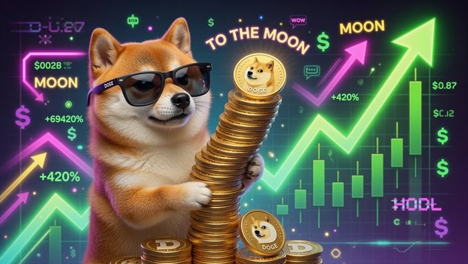 "To the Moon" is written at the top of a graphic design that features a dog wearing sunglasses, holding up a pile of gold coins with "DOGE" visible in the center. The background includes an upward-looking arrow and several lines representing stock charts or financial data. The phrase "Focus on what's in the image and how it relates to this post" is placed next to the image.