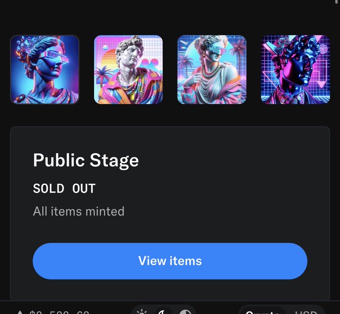 A 'Public Stage' NFT collection featuring four classical bust statues with neon aesthetics, showing 'SOLD OUT - All items minted' status.