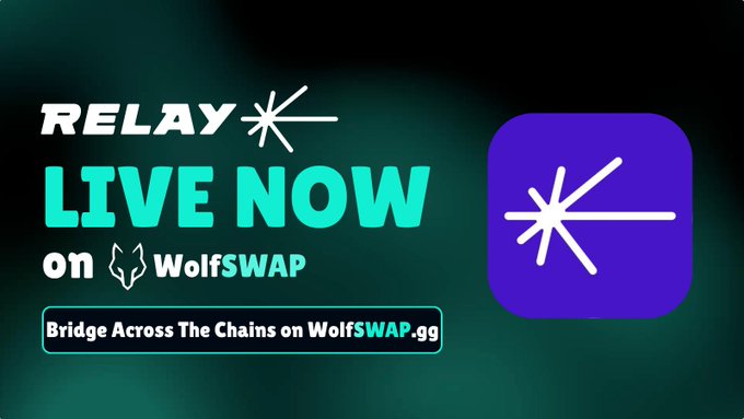 Promotional graphic announcing 'RELAY LIVE NOW on WolfSWAP' with text 'Bridge Across The Chains on WolfSWAP.gg', featuring a purple app icon.