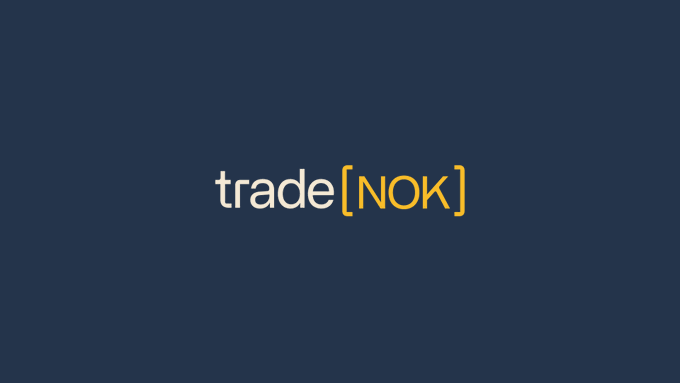 The image features a logo for a trading platform called "NOK". The logo consists of a blue rectangle with white text that reads "Trade (NOK)", positioned centrally within the frame. Below this, there's an additional line of yellow text that says "NOK is now live. 10x leverage, 24/7, 365." This information provides context about the trading platform and its features.