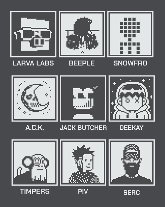 The image displays a 3x3 grid of pixel-art portraits created by nine legendary NFT artists—Larva Labs, Beeple, Snowfro, A.C.K., Jack Butcher, Deekay, Timbers, PIV, and SERC—as reimagined interpretations of the "Normies" NFT collection. This visually showcases the post's claim that the Normies project has been edited by renowned artists and will now share revenue with action point (pixel) holders.