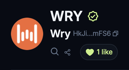 A logo featuring an orange circle with white sound waves next to the text 'WRY' with a green verified badge, and 'Wry HkJi...mFS6' with a heart and '1 like' below.