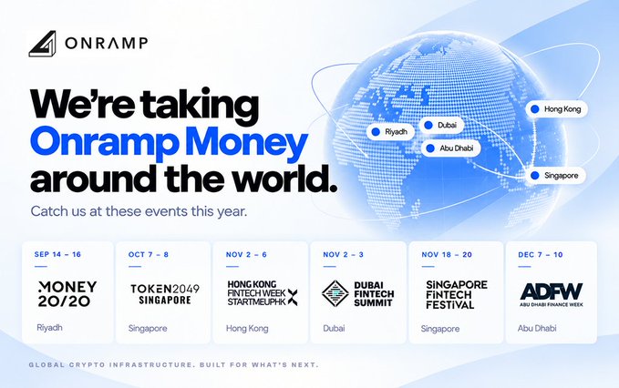 Onramp promotional graphic titled 'We're taking Onramp Money around the world,' displaying a blue globe and listing events like MONEY 20/20 in Riyadh, Token2049 Singapore, and ADFW in Abu Dhabi.