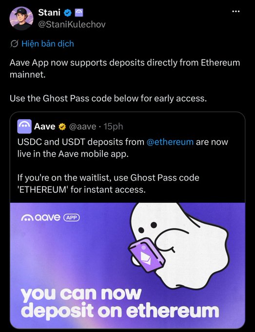 A screenshot of a tweet from Stani (@StaniKulechov) announcing that the Aave App supports deposits from Ethereum, referencing a quoted tweet that provides the 'ETHEREUM' Ghost Pass code.