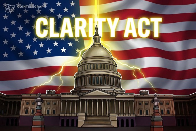 A Cointelegraph graphic about the 'CLARITY ACT' featuring an illustration of the U.S. Capitol building with the American flag and lightning bolts in the background.