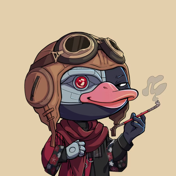 A cartoon illustration of a robotic duck wearing a leather aviator cap with goggles and a red scarf, holding a lit cigarette.
