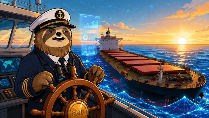 A digital illustration of a bear dressed as a ship captain in uniform at the helm of a vessel, with a large cargo ship and sunset visible in the background, with the ship's wheel labeled 'SHIP'.