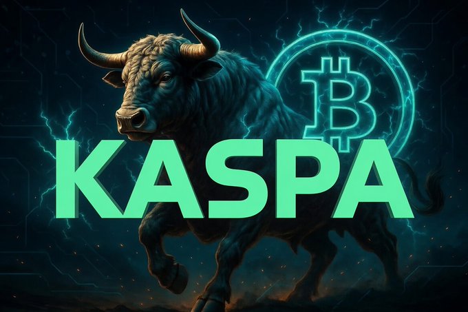 A digital artwork featuring a powerful bull with glowing eyes standing before a luminous Bitcoin logo, overlaid with the bold text 'KASPA' in bright teal letters.