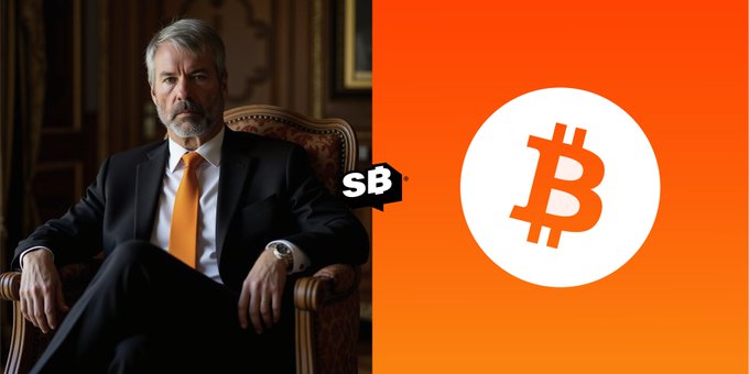 A split image showing a man in a dark suit and orange tie sitting in a chair on the left, and the Bitcoin logo on an orange background on the right, with a small 'SB' logo between them.