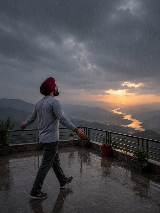 A man in a maroon turban and gray sweatshirt walking on a wet balcony overlooking a dramatic rainy sunset landscape with mountains and a river.