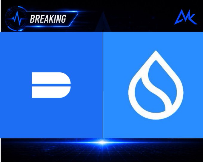 A 'BREAKING' news-style graphic showing the Dash and Sui cryptocurrency logos side by side on a blue background with an MK logo in the corner.