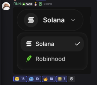 The image shows a dropdown menu in what appears to be a Discord or chat interface, displaying "FINN 🍃 BAGS 🍬 🍬 5:31 PM" at the top, with options to select between "Solana" (checked) and "Robinhood," along with reaction counts of 18, 10, 10, and 7 below. The image relates to the post about Finnbags potentially launching the Bagsapp platform on Robinhood, as the dropdown shows the platform selection between Solana and Robinhood.