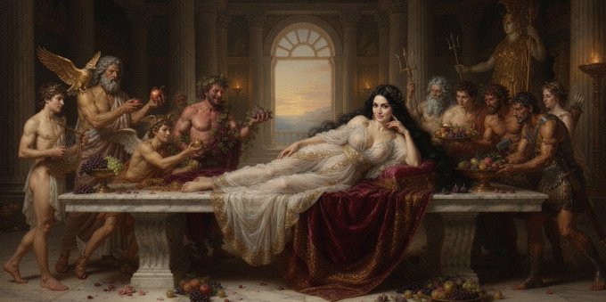 A classical painting portrays a reclining figure draped in white on a banquet table surrounded by mythological characters including satyrs, a winged figure, and a god with a trident, reminiscent of 'The Roman Bacchanal' style.