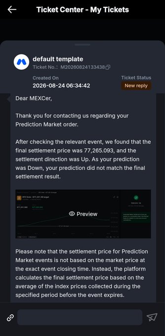A screenshot of a MEXC Ticket Center response explaining that a user's "Down" prediction on a 5-minute Prediction Market failed to match because the final settlement price was 77,265.093 with an "Up" direction. The reply clarifies that settlement is based on an average of index prices collected before expiration, not the exact closing price—supporting the claim that MEXC's platform may have closed the market prematurely before the full 5-minute window completed.