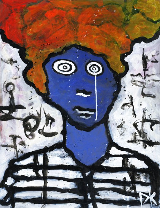 A painting shows a blue-faced figure with wide, spiraled eyes and a white tear, wearing a black and white plaid shirt against an orange and white background.
