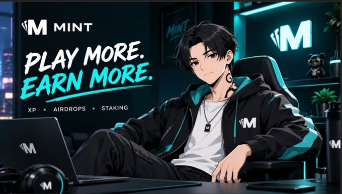An anime-style promotional graphic for 'MINT' with the text 'PLAY MORE. EARN MORE.' featuring a young man at a gaming setup with XP, AIRDROPS, and STAKING listed.