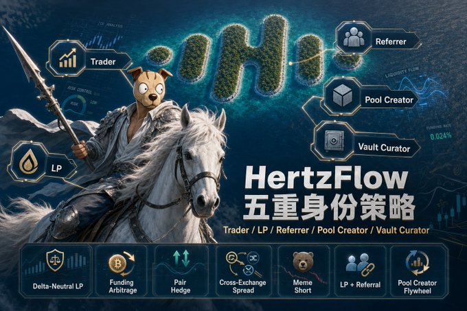 The image is a promotional graphic for **HertzFlow**, showcasing its five role-based strategies—Trader, LP, Referrer, Pool Creator, and Vault Curator—featuring a warrior on horseback in front of the "Hertz" logo, with six strategy tags below including Delta-Neutral LP and Meme Short, directly illustrating the post's explanation of Hertzflow's five distinct gameplay roles versus traditional Perp DEX's two.