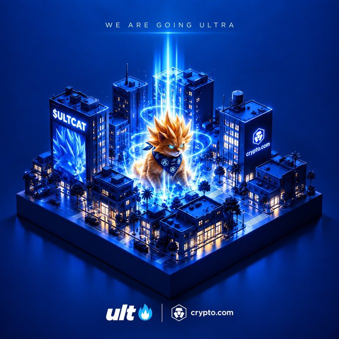 A promotional 3D isometric graphic reading "WE ARE GOING ULTRA" featuring an orange cat character glowing with blue energy between buildings displaying "SULTCAT" and "crypto.com" logos, branded with "ult" and "crypto.com" at the bottom.