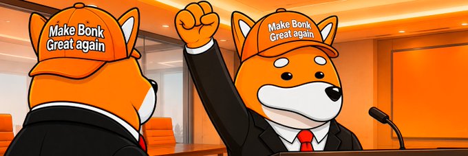 This image depicts cartoon dogs wearing orange hats that say "Make Bonk Great again," visually representing the call to revive the BONK community and brand. The imagery directly relates to the post's theme of "MAKE BONK GREAT AGAIN" and the introduction of the "$MBGA" ticker.