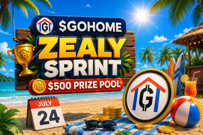 A vibrant tropical-themed promotional graphic announces the "$GOHOME Zealy Sprint" featuring a $500 prize pool in $GOHOME tokens, with a calendar marking July 24th alongside beach imagery, a trophy, gold coins, and the IGT logo, visually reinforcing the upcoming competition details shared in the post.