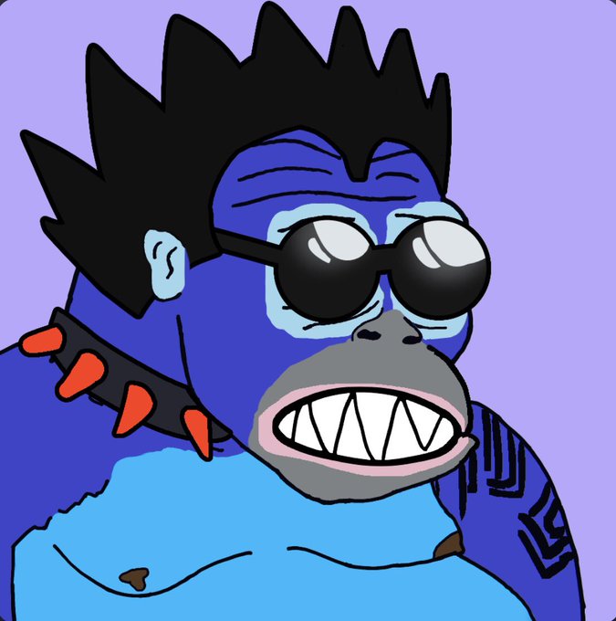 Cartoon illustration of a blue gorilla-like character wearing black sunglasses and a red spiked collar, grinning with sharp teeth.