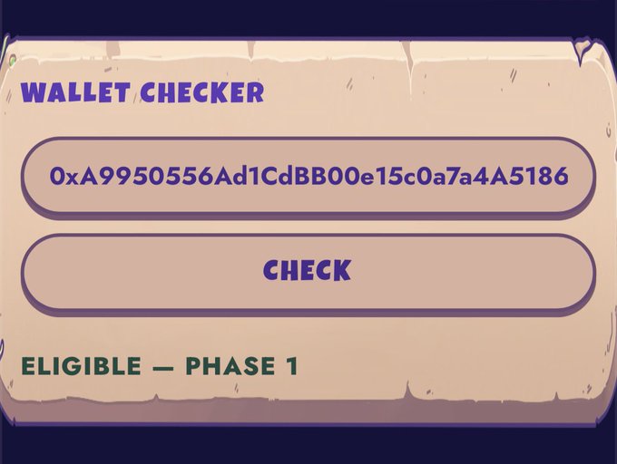 A 'WALLET CHECKER' interface shows the address '0xA9950556Ad1CdBB00e15c0a7a4A5186' with a 'CHECK' button, displaying the result 'ELIGIBLE — PHASE 1'.