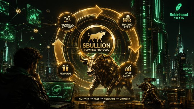 A digital graphic advertises "$BULLION FLYWHEEL PROTOCOL" on the Robinhood Chain, featuring a golden bull statue and a circular diagram with icons labeled "PROTOCOL ACTIVITY", "TRADING FEES", "MORE ACTIVITY", and "REWARDS".
