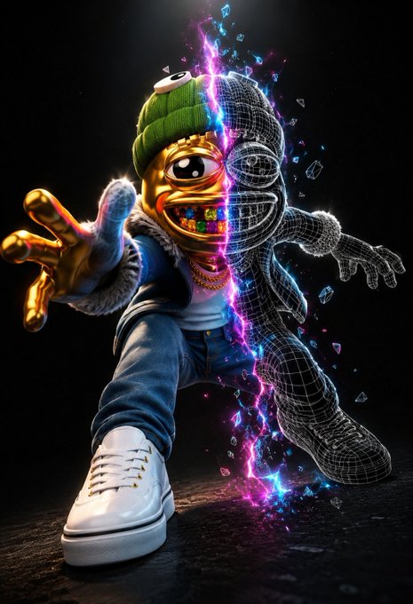 A 3D rendered character in a green beanie and gold chain appears to be splitting or transforming, with one half as a solid figure and the other as a glowing purple and blue wireframe.
