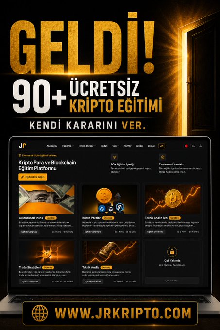 The image is a promotional graphic for JRKripto, featuring the bold Turkish headline "GELDI!" (It's Here!) and announcing "90+ ÜCRETSIZ KRIPTO EGITIMI" (90+ Free Crypto Education) with a call to "KENDI KARARINI VER" (Make Your Own Decision). It showcases a laptop displaying the JR Kripto Educational Platform interface with various crypto training modules like "Geleneksel Finans," "Kripto Paralar," and "Teknik Analiz," directing viewers to www.jrkripto.com. The ad directly supports the post's promise of delivering the JRKripto Training Center with 90+ free crypto education videos, emphasizing viewer empowerment over reliance on outside advice.