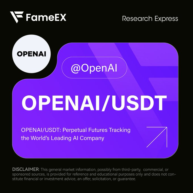 A FameEX Research Express promotional graphic announcing an OPENAI/USDT perpetual futures contract tracking the AI company.