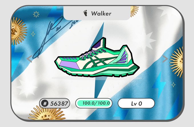 A digital sneaker labeled "Walker" (Asics-style shoe) in mint green and purple, with stats "# 56387," "100.0/100.0," and "Lv 0," shown against the Argentine flag, marking the buyer's first STEPN NFT shoe purchase inspired by the World Cup.