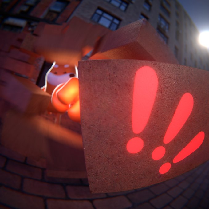 A dog with a glowing red exclamation mark on its back pops out of a cardboard box against an urban backdrop, humorously illustrating the "Who Let The Dogs Out" punchline with its startled, wide-eyed expression.