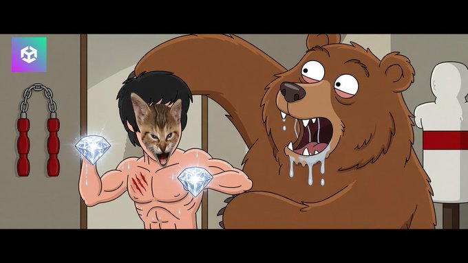 Cartoon illustration of a muscular cat-headed character flexing while holding diamonds, with a surprised drooling bear, nunchucks, and a punching dummy in the background, featuring an OpenSea logo in the corner.