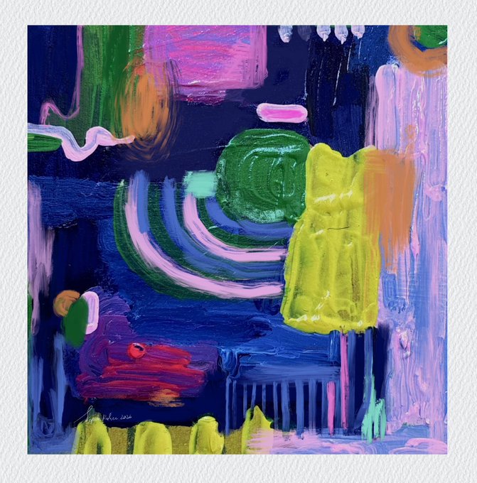 A vibrant abstract acrylic painting on cardboard featuring swirling brushstrokes of blue, pink, green, yellow, and orange, with a small signature visible at the bottom left, offered as a 1/1 NFT artwork titled "Playground at Midnight" for 0.05 ETH.