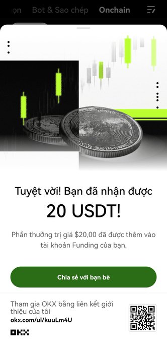 A screenshot of an OKX app notification in Vietnamese showing a $20 USDT reward received for a funding account referral.
