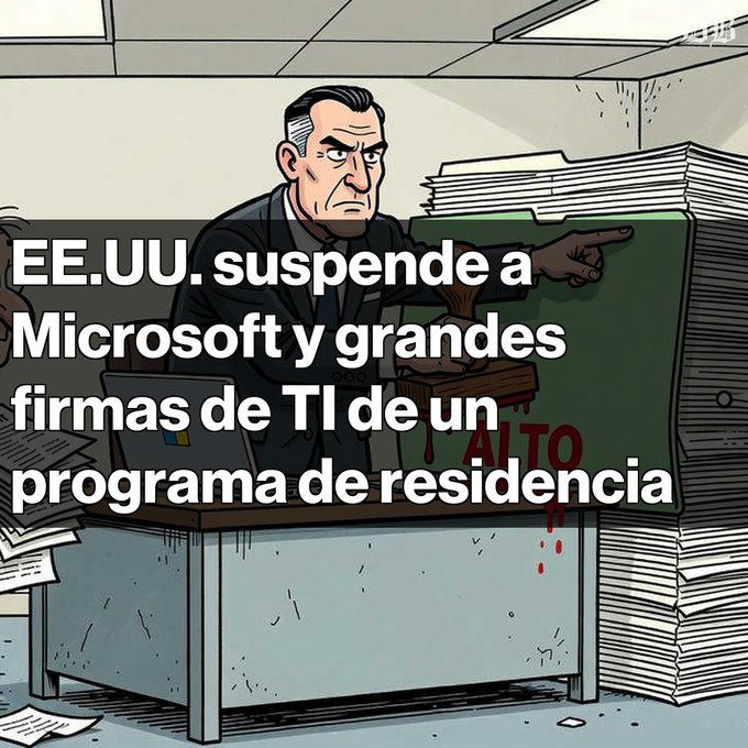 An illustration of a stern man pointing angrily at a large stack of papers on a desk with blood dripping, overlaid with Spanish text 'EE.UU. suspende a Microsoft y grandes firmas de TI de un programa de residencia'.