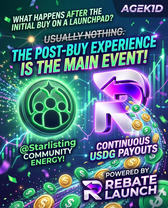 A colorful promotional graphic reads “AGEK1D,” “WHAT HAPPENS AFTER THE INITIAL BUY ON A LAUNCHPAD? USUALLY NOTHING,” and “THE POST-BUY EXPERIENCE IS THE MAIN EVENT!” with “CONTINUOUS USDG PAYOUTS” and “POWERED BY REBATE LAUNCH.”