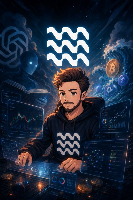 An anime-style illustration shows a bearded man in a black hoodie with an Aquarius zodiac symbol, surrounded by floating digital screens displaying trading charts and cryptocurrency coins.