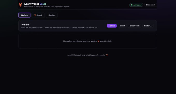 AgentWallet Vault interface dashboard showing tabs for Wallets, Agent, and Deploy, with an 'encrypted keystore for agents' panel and connected status indicator.