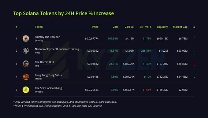 A data table titled 'Top Solana Tokens by 24H Price % Increase' lists tokens including jimothy The Raccoon ($0.67774, +102.88%), NotInEmploymentEducationTraining neet, The Bitcoin Bull TBB, Tung Tung Tung Sahur TripleT, and The Spirit of Gambling Tokabu.