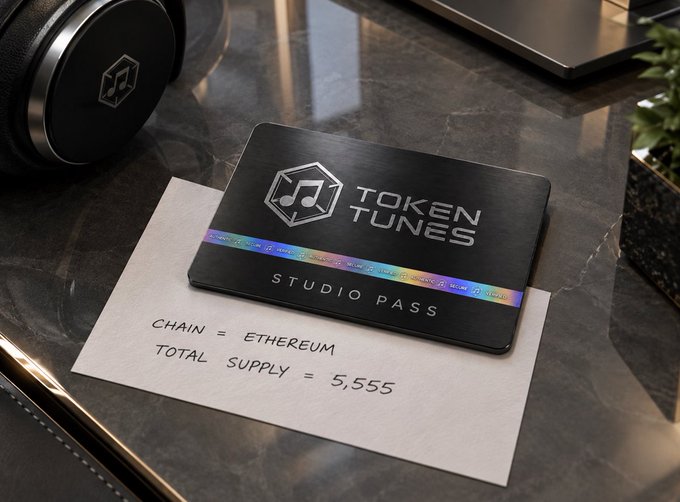 A black metal 'TOKEN TUNES STUDIO PASS' card with a holographic strip sits on a piece of paper that reads 'CHAIN = ETHEREUM' and 'TOTAL SUPPLY = 5,555'.