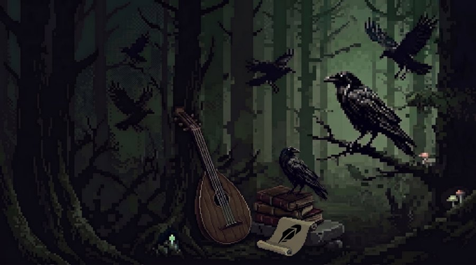A pixel art scene set in a dark, moody forest features ravens perched on branches, with a lute, stack of books, and a scroll resting on the forest floor.